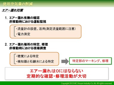 最初は全体の漏れ量の把握として、休日など工場生産を行っていない日にコンプレッサーを稼動させ、稼動状態を確認してみて下さい。流量計や電力計が取り付けられており、普段より運転監視をされている場合は単純にその時の数値が漏れ量となります。 
取り付けられていない場合はインバーター機の運転負荷率や、 
その他の制御方式の場合は運転時間、運転サイクル等も確認し、カタログスペック等を利用し大まかな予測量を計算します。 
 
次に実際の漏れ部の把握ですが、全体量の把握と同じく工場生産を行っていない日にエアーを送気させた状態で工場を廻ってみて下さい。エアーが漏れる音が聞こえた場合は、すでに相当のロスにつながっています。 
早急に改善対策をおすすめ致します。 
 
音が聞こえないといっても注意が必要です。 
実は漏れの音が聞こえる状態というのはすぐに対応が必要なレベルなのですが、かなり近寄らないとわからない、あるいはほとんど聞こえないようなエアー漏れを見つけ、少なくしていくことも重要となってきます。 
 
