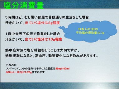 1日中炎天下で作業をしたとしても、平均の塩分摂取量で 
充分まかなえていると言えます。 
こまめに塩分（を重点的に）補給を行うというより、暑くてもしっかり食事をとることが重要だと言えるのではないでしょうか。 
そのようなことも踏まえつつ、正しい予防と対策を整理してみましょう。 
 
まずは予防について・・・